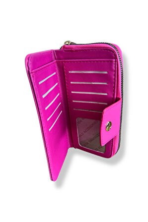 Fermuarlı Kadın Cüzdanı, Çok Bölmeli, Pembe, Metal Detaylı