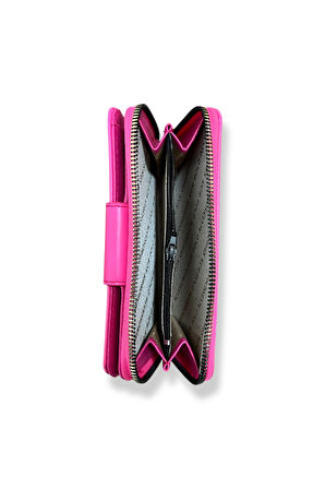 Fermuarlı Kadın Cüzdanı, Çok Bölmeli, Pembe, Metal Detaylı