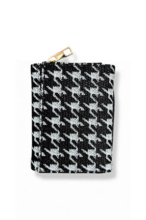 Fermuarlı Houndstooth Desenli Cüzdan, Siyah Beyaz, İç Bölmeli, Kartlık