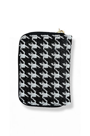 Fermuarlı Houndstooth Desenli Cüzdan, Siyah Beyaz, İç Bölmeli, Kartlık