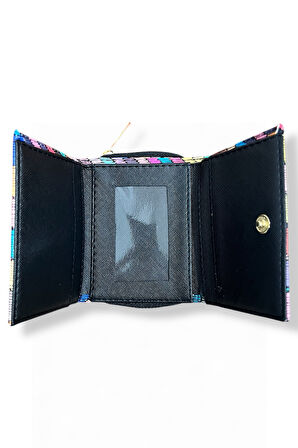 Renkli Zigzag Desenli Mini Cüzdan, Fermuarlı, Kartlık ve Bozuk Para Bölmeli, Çok Renkli