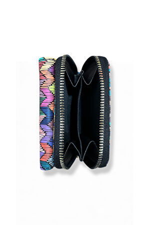 Renkli Zigzag Desenli Mini Cüzdan, Fermuarlı, Kartlık ve Bozuk Para Bölmeli, Çok Renkli