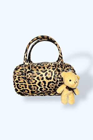 Leopar Desenli Mini El Çantası, Peluş Ayıcık Aksesuarlı, Suni Deri