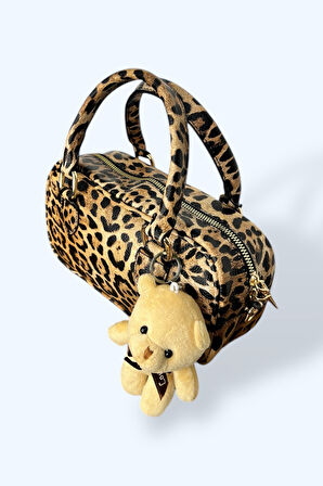 Leopar Desenli Mini El Çantası, Peluş Ayıcık Aksesuarlı, Suni Deri