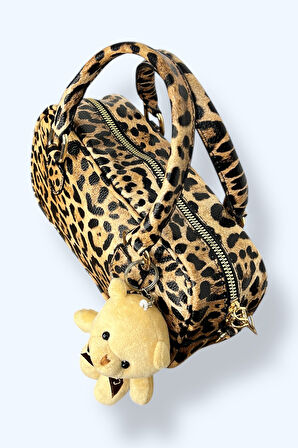 Leopar Desenli Mini El Çantası, Peluş Ayıcık Aksesuarlı, Suni Deri