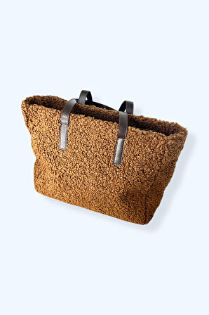 Teddy Kumaş Tote Çanta, Kahverengi, Deri Saplı