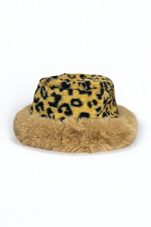 Leopar Desenli Peluş Kürk Şapka, Kahverengi Kürk Kenarlı, Kış Sezonu