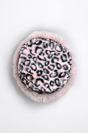Leopar Desenli Pembe Peluş Kürk Şapka, Yumuşak Faux Fur Kenarlı