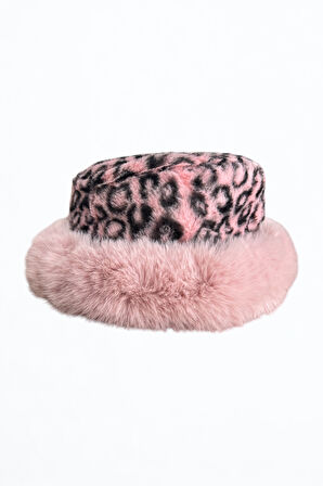 Leopar Desenli Pembe Peluş Kürk Şapka, Yumuşak Faux Fur Kenarlı