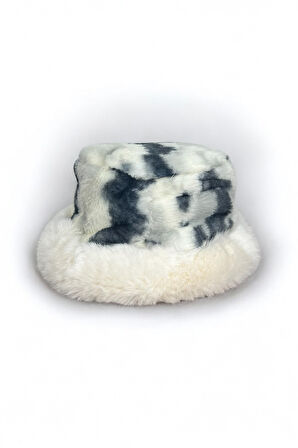 Kadın Siyah Beyaz Desenli Peluş Kova Şapka, Yumuşak Kürklü