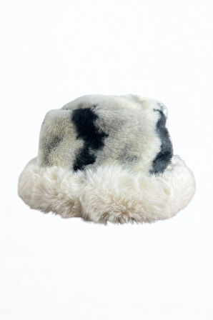 Kadın Siyah Beyaz Desenli Peluş Kova Şapka, Yumuşak Kürklü