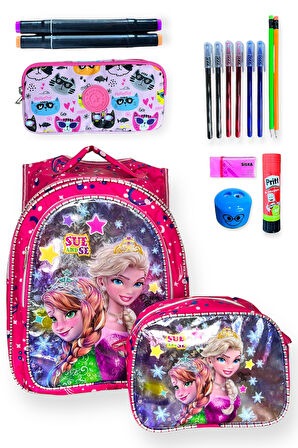 Frozen Temalı İlkokul Çanta Seti, Pembe Sırt Çantası ve Beslenme Çantası, Kırtasiye Malzemeleri ile Birlikte
