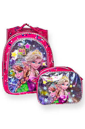 Frozen Temalı İlkokul Çanta Seti, Pembe Sırt Çantası ve Beslenme Çantası, Kırtasiye Malzemeleri ile Birlikte
