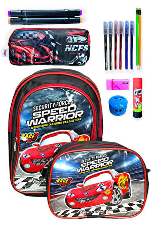 Erkek Çocuk Okul Çantası ve Kalem Kutusu Seti, Yarış Arabası Temalı, Kırmızı-Siyah