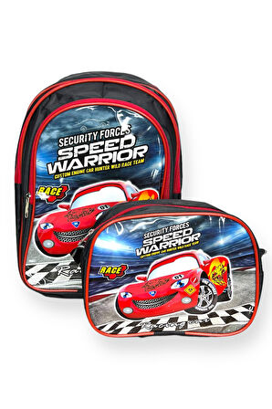 Erkek Çocuk Okul Çantası ve Kalem Kutusu Seti, Yarış Arabası Temalı, Kırmızı-Siyah