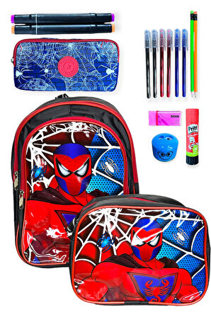 Spider-Man Okul Çantası Seti, Kırmızı-Mavi Desenli Sırt Çantası, Beslenme Çantası ve Kalem Kutusu, İlkokul Çanta Takımı