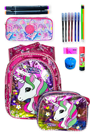 Unicorn Desenli İlkokul Çanta Seti, Sırt Çantası ve Beslenme Çantası, Pembe Kalem Kutusu ve Kırtasiye Malzemeleri