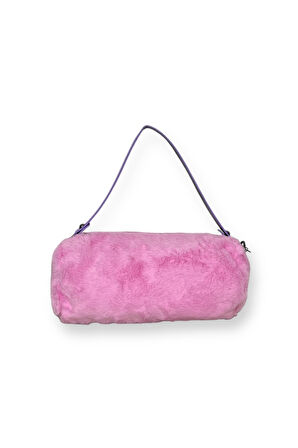 Peluş Silindir Omuz Çantası, Pembe, Mor Askılı, Fermuarlı
