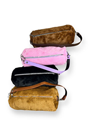 Peluş Silindir Omuz Çantası, Pembe, Mor Askılı, Fermuarlı