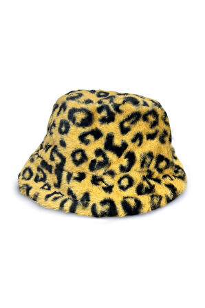 Kadın Leopar Desenli Kahverengi Peluş Bucket Kova Şapka