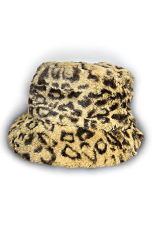 Kadın Leopar Desenli Peluş Kova Şapka, Kışlık Yumuşak Bucket Hat