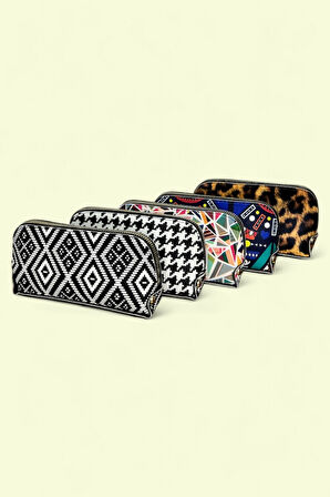 Geometrik Desenli Renkli Clutch El Çantası, Fermuarlı, Bileklikli