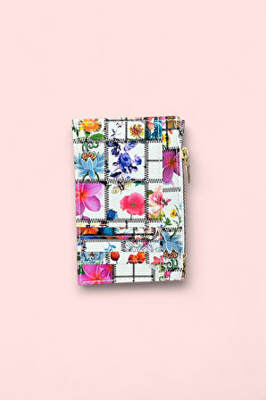 Çiçek Desenli Fermuarlı Kartlık, Patchwork Tasarım, Renkli Çiçek Baskılı