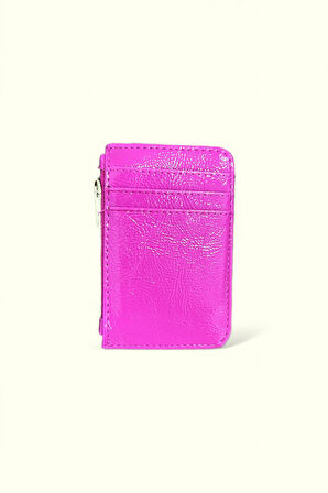 Mini Cüzdan, Fermuarlı Kartlık, Parlak Pembe Deri, Çoklu Kart Bölmeli