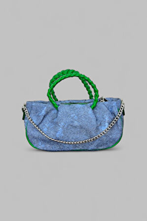 Mini Denim Omuz Çantası, Yeşil Örgü Saplı, Zincir Detaylı, Mavi