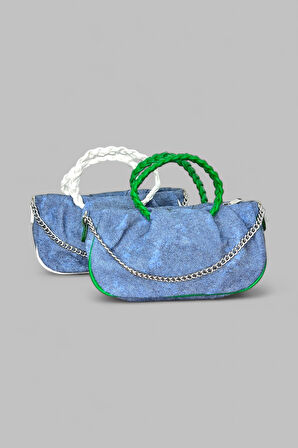 Mini Denim Omuz Çantası, Yeşil Örgü Saplı, Zincir Detaylı, Mavi