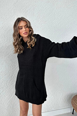 Kadın Kışlık Yumuşak Dokulu Kapüşonlu Oversize Triko Tunik Kazak MMF2011