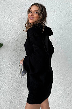 Kadın Kışlık Yumuşak Dokulu Kapüşonlu Oversize Triko Tunik Kazak MMF2011
