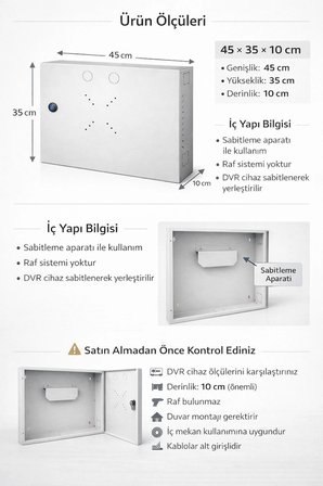MN6 MN110DV Kilitli Metal DVR Kamera Kabin 45x35x10 cm–Duvar Tipi Güvenlik Kasa–Premium Kablo Düzenleme