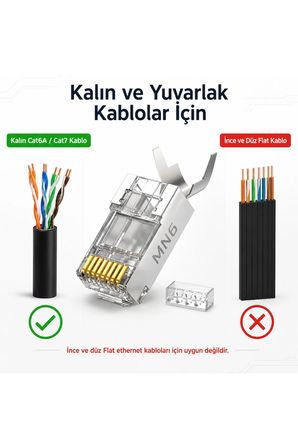 MN6 MN119XF Cat7 FTP SFTP EZ RJ45 Konnektör 3 Adet Metal Gövdeli Kalın Kablo Uyumlu