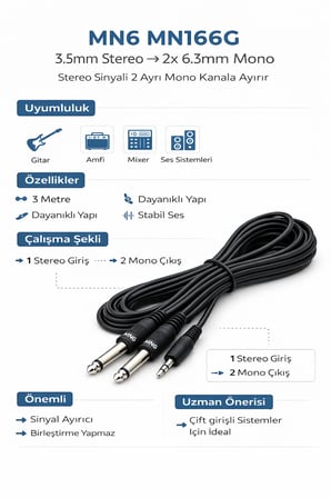 MN166G 3.5mm Stereo to 2x6.3mm Mono Erkek Ses Kablosu 3 Metre – Gitar, Amfi ve Mixer Uyumlu