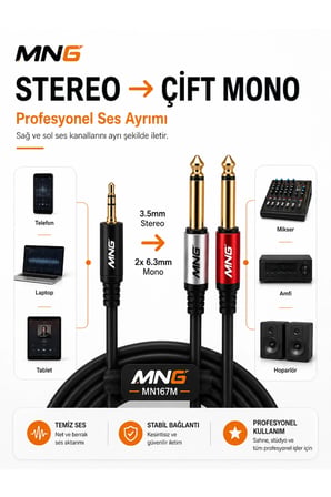 MN167M 3.5mm Stereo to 2x6.3mm Mono Ses Kablosu 1.5 Metre AUX Amfi Mikser Hoparlör Bağlantı Kablosu
