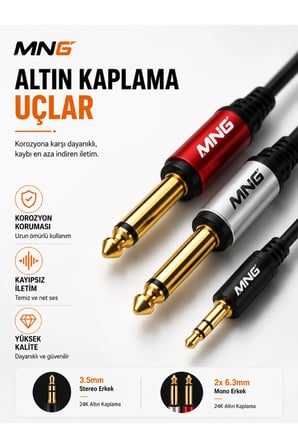 MN167M 3.5mm Stereo to 2x6.3mm Mono Ses Kablosu 1.5 Metre AUX Amfi Mikser Hoparlör Bağlantı Kablosu