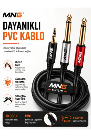 MN167M 3.5mm Stereo to 2x6.3mm Mono Ses Kablosu 1.5 Metre AUX Amfi Mikser Hoparlör Bağlantı Kablosu