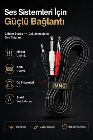 MN168F 3.5mm Stereo to 2x6.3mm Mono Mikser Amfi DJ Ses Bağlantı Kablosu 5 Metre