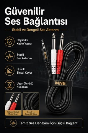 MN168F 3.5mm Stereo to 2x6.3mm Mono Mikser Amfi DJ Ses Bağlantı Kablosu 5 Metre