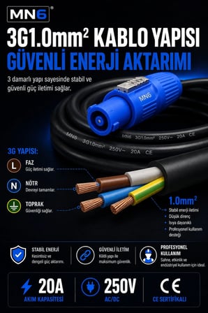 MN6 MN170PS PowerCon Power Kablo 5 Metre 20A 250V 3G1.0mm² Profesyonel Ses Sistem Güç Kablosu