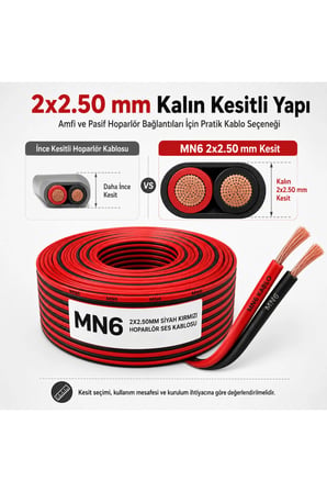 MN250HKF 2x2.50 mm Hoparlör Kablosu 100 Metre Siyah Kırmızı Kordon Amfi Hoparlör ve Ses Sistemi Kablosu