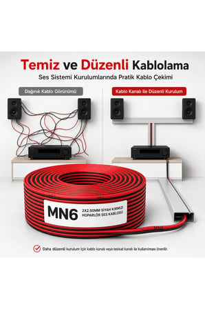MN250HKF 2x2.50 mm Hoparlör Kablosu 10 Metre Siyah Kırmızı Ses Sistemi Amfi Oto Ev Sinema Kablosu