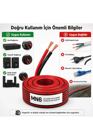 MN250HKF 2x2.50 mm Hoparlör Kablosu 15 Metre Siyah Kırmızı Amfi Oto Ses Sistemi ve Home Theater Kablosu