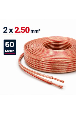 MN251HKF 2x2.50 mm Hoparlör Kablosu 50 Metre Şeffaf Kırmızı Çizgili Kordon Amfi Hoparlör ve Ses Sistemi Kablosu