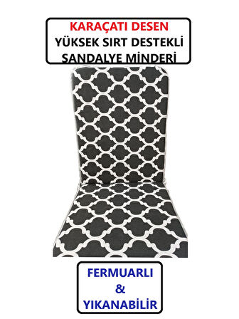 Sandalye Minderi Yüksek Sırt Destekli Fermuarlı Yıkanabilir Sandalye Minderi Tekli Karaçatı Desen