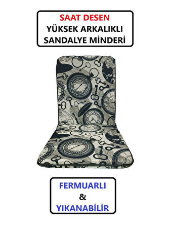 Sandalye Minderi Yüksek Sırt Destekli Fermuarlı Yıkanabilir Sandalye Minderi Tekli Saat Desen