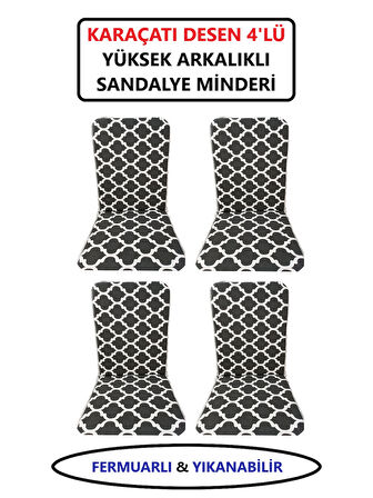 Sandalye Minderi Yüksek Sırt Destekli Fermuarlı Yıkanabilir Sandalye Minderi 4'lü Karaçatı Desen