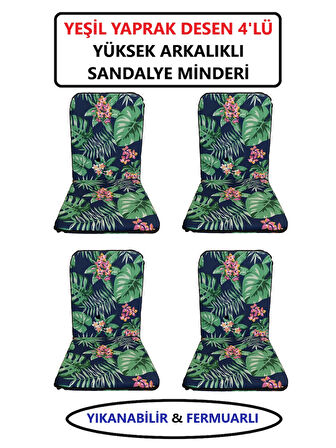 Sandalye Minderi Yüksek Sırt Destekli Fermuarlı Yıkanabilir Sandalye Minderi 4'lü Yeşil Yaprak Desen