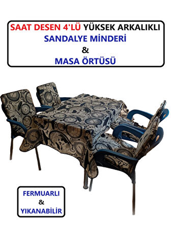 Sandalye Minderi Yüksek Sırt Destekli Fermuarlı Yıkanır 4'lü Sandalye ve Masa Örtüsü (120x180) Saat Desen